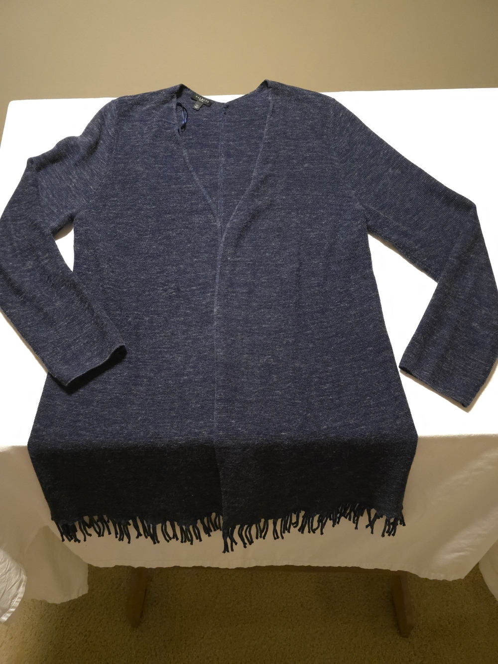 Navy Space-Dyed Fringe-Hem Flyaway Open  Cardigan Talbots Size Large Petite